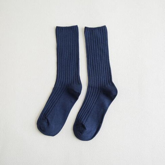 Japanese Style Double Knit Crew Socks For Everyday Wear With Soft Comfort And Breathable Stretchable Non Design Ideal For Girls And Ladies, Navy, One Size