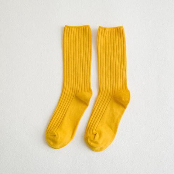 Japanese Style Double Knit Crew Socks for Daily Leisure Comfort — Breathable Soft Everyday Wear with Non Flexible Fit for Girls Ladies, Yellow