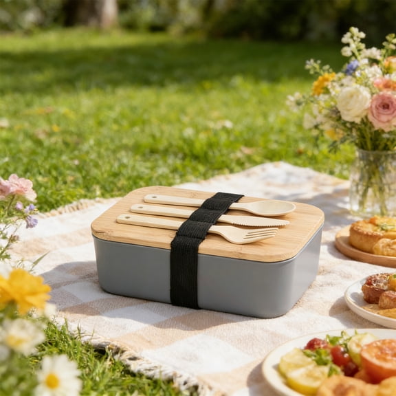 Japanese Style Double Layer Lunch Box, Compartmentalized Plastic Bento — 7.5x4.6x2.6 Inch Bamboos Handled Meal Container for Office Learners