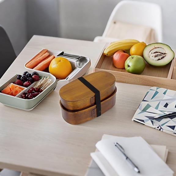 Japanese Style Double Layer Wooden Bento Box, Portable Lunch Container for Office, Hiking, Camping & Potluck