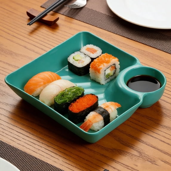 Japanese Style Dumpling Plate with Vinegar Dish, Compartment Serving Tray for Food, Reusable Plastic Dish for Sushi Snacks, Multi Compartment Dining Plate (Green)