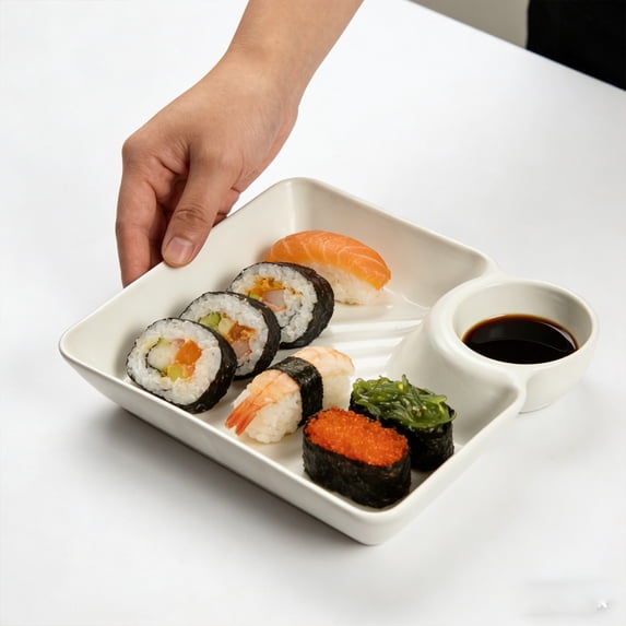 Japanese Style Dumpling Plate with Vinegar Dish, Compartment Serving Tray for Food, Reusable Plastic Dish for Sushi Snacks, Multi Compartment Dining Plate (White)