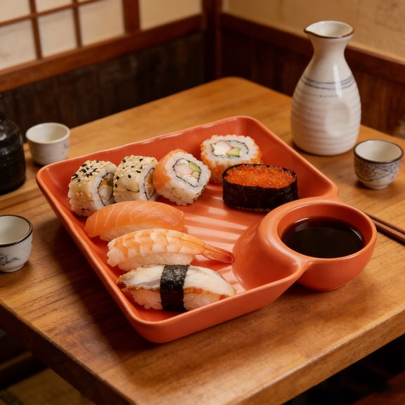 Japanese Style Dumpling Plate with Vinegar Dipping Sauce Compartment, Reusable Stackable Snack and Sushi Tray for Home, Parties, and Office Lunch