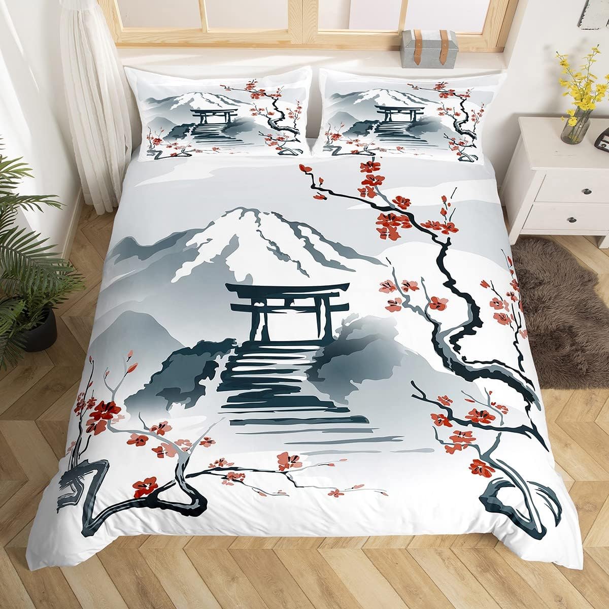 Japanese Style Duvet Cover Cherry Blossoms Comforter Cover,Mount Fuji Bedding Sets Branches