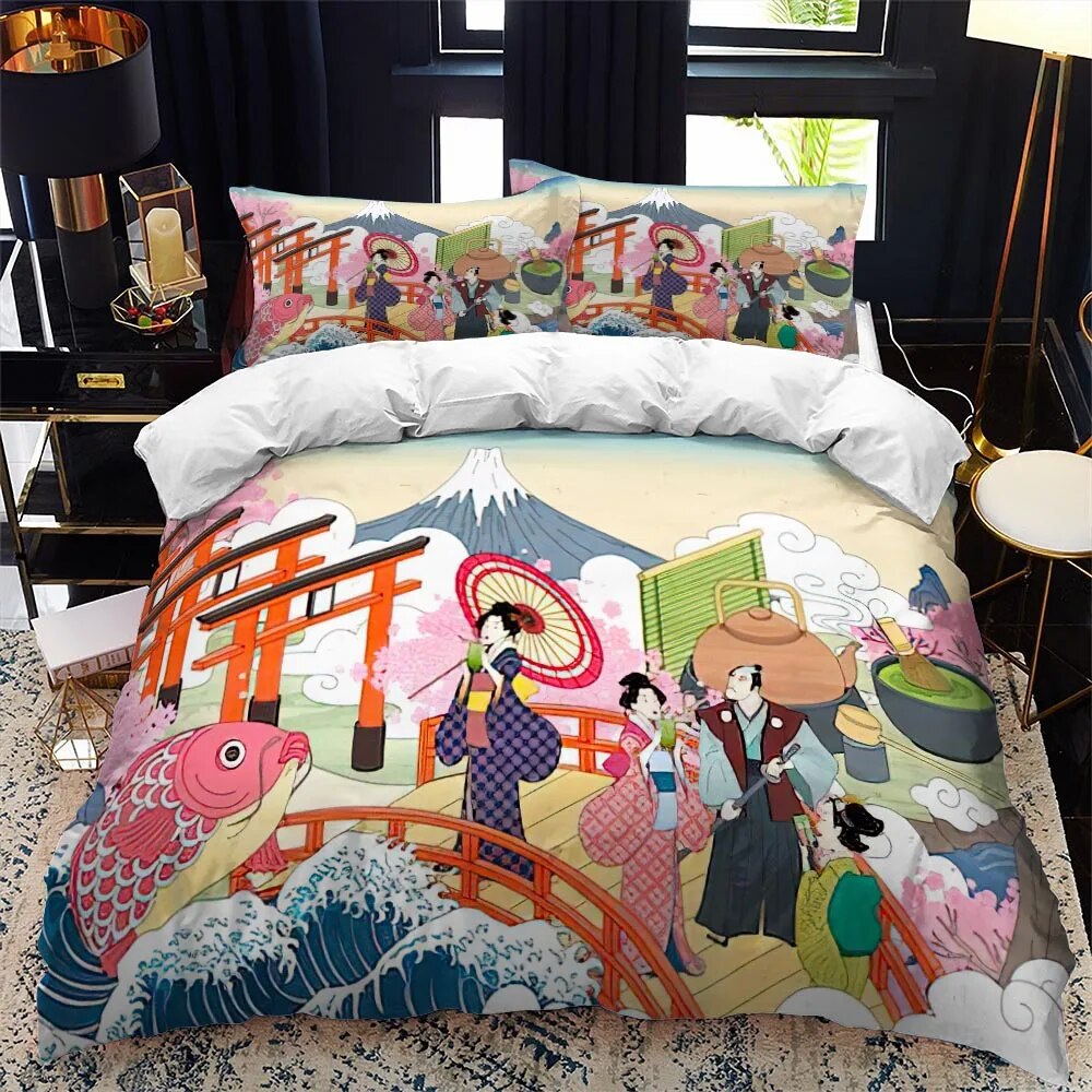 JapaneseStyle Duvet Cover Set King Full Size Ukiyoe Theme Wave
