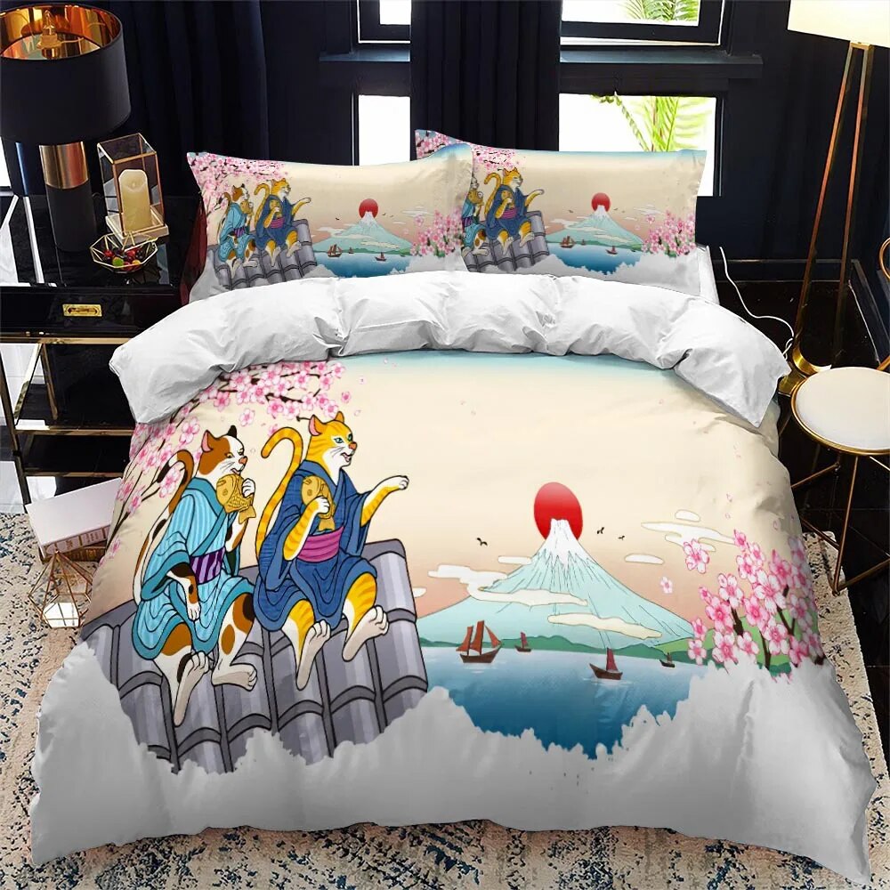 JapaneseStyle Duvet Cover Set King Full Size Ukiyoe Theme Wave