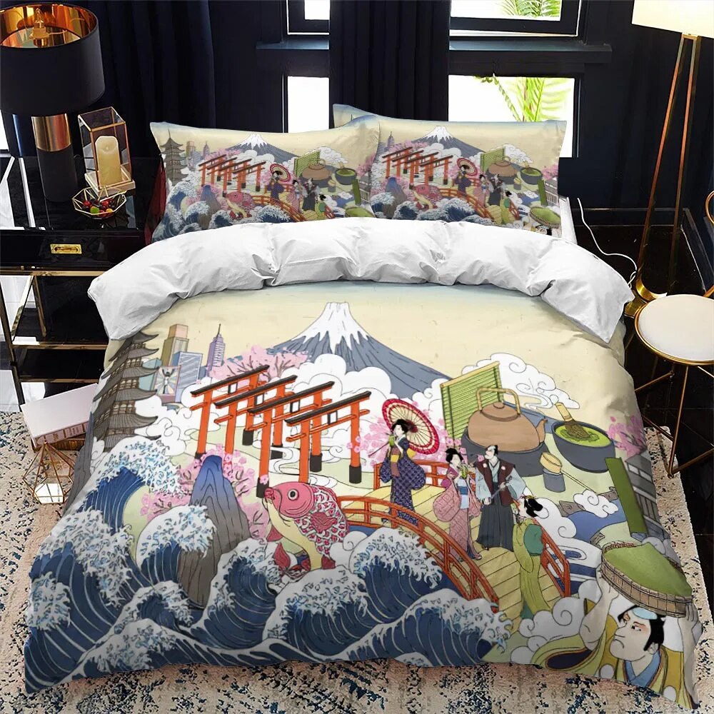 JapaneseStyle Duvet Cover Set King Full Size Ukiyoe Theme Wave