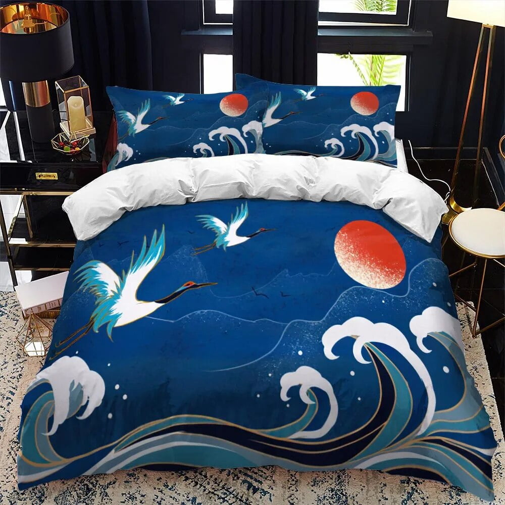 JapaneseStyle Duvet Cover Set King Full Size Ukiyoe Theme Wave