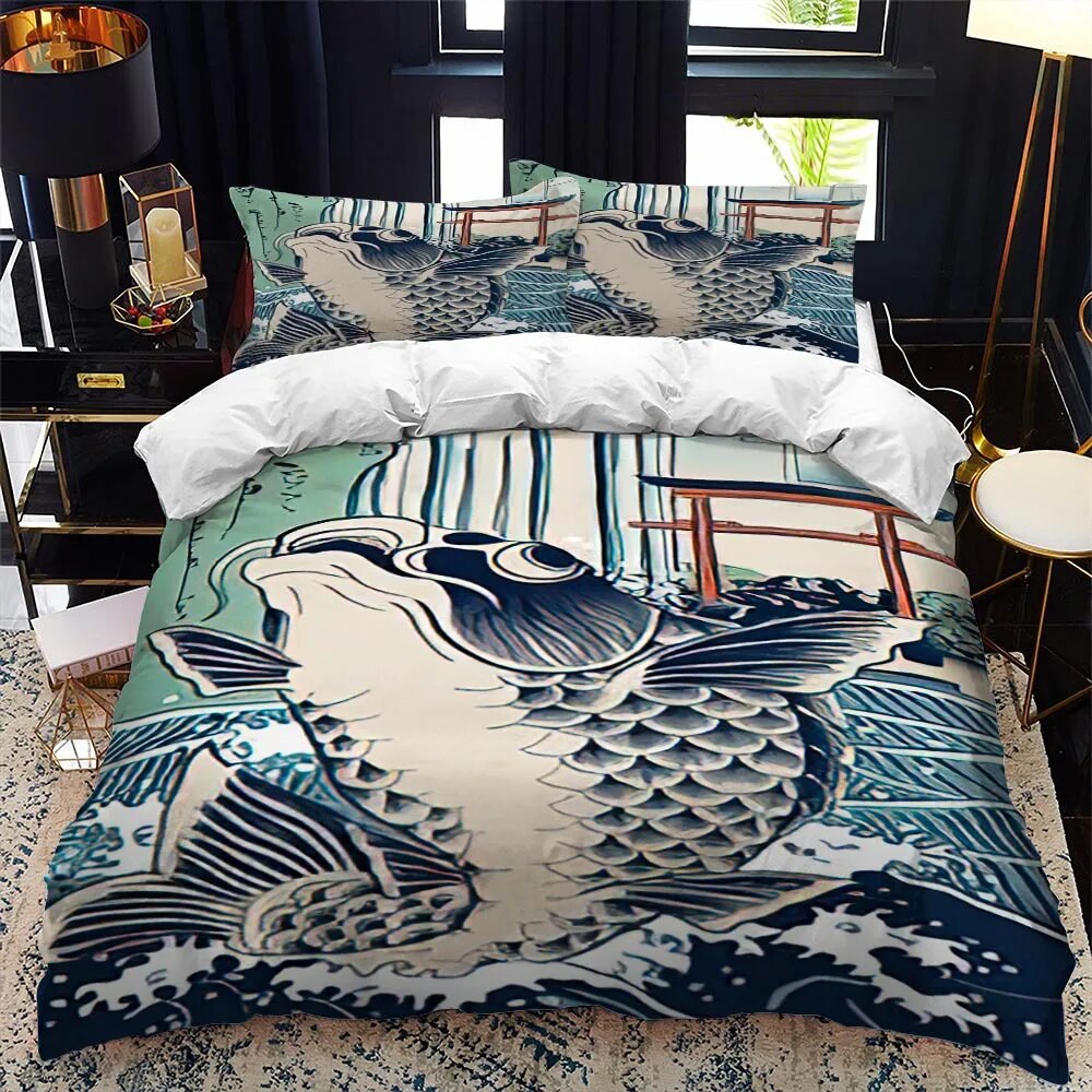 JapaneseStyle Duvet Cover Set King Full Size Ukiyoe Theme Wave