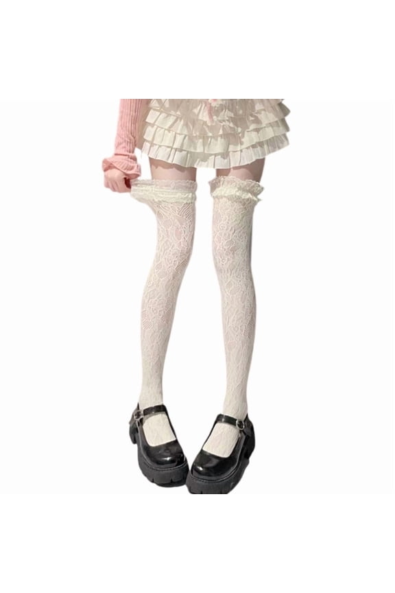 Japanese Style Fishnet Thigh Highs Stockings for Women JK Girl Flower Patterned Lace Ruffle Trim Frilly Over Knee Socks