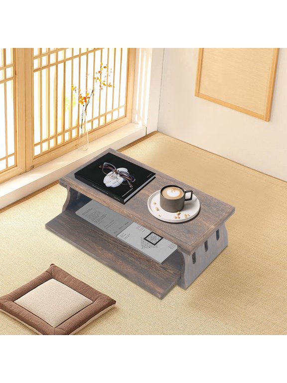Japanese Style Floor Table, 2-Tier Folding Altar & Meditation Desk, Hand-Carved Paulownia Wood Low Table for Tea, Coffee, 23.62" x 11.81" x 7.87" (Carbonized Color)