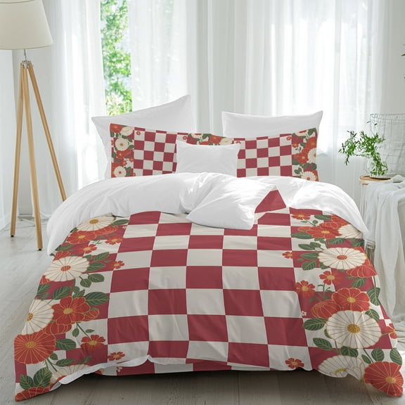 Japanese Style Flowers Bedding Duvet Cover Set California King Size 4 Pieces, Harmony Red Buffalo Plaid Bedding Set with Zipper Closure, 1 Comforter Cover 96x104 Inches 1 Flat Sheet & 2 Pillow Cases