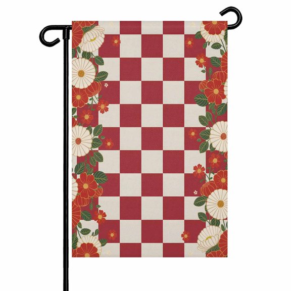 Japanese Style Flowers Garden Flag 12x18 Inch Harmony Red Buffalo Plaid Double Sided Small Decorative Garden Flags for Outside, Outdoor Yard Porch Lawn Decoration