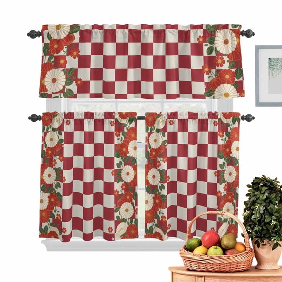 Japanese Style Flowers Kitchen Curtains Valances 3 Piece Set, Harmony Red Buffalo Plaid Rod Pocket Tier Curtain and Valance Drapes for Small Window 36 Inch Length for Bedroom Cafe