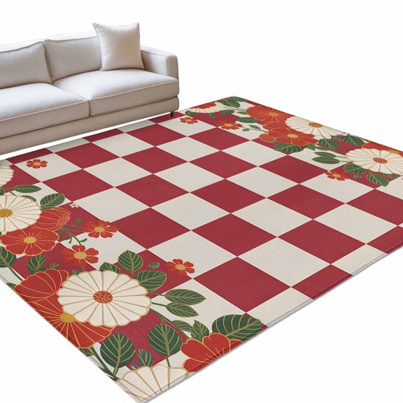 Japanese Style Flowers Large Area Rugs 6x9ft Harmony Red Buffalo Plaid Washable Rug, Non Slip Indoor Carpet Absorbent Floor Mat for Living Room Bedroom Dining Room