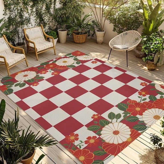 Japanese Style Flowers Outdoor Rug, Harmony Red Buffalo Plaid Non-Slip Area Rugs Carpet Breathable Large Floor Mat for Outdoors Patio Porch Deck Beach 3’ x 5’