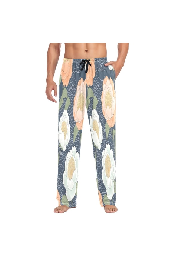 Japanese Style Flowers Pattern Mens Cotton Pajama Pants Long Staple Lightweight Sleep Bottoms with Pockets Breathable