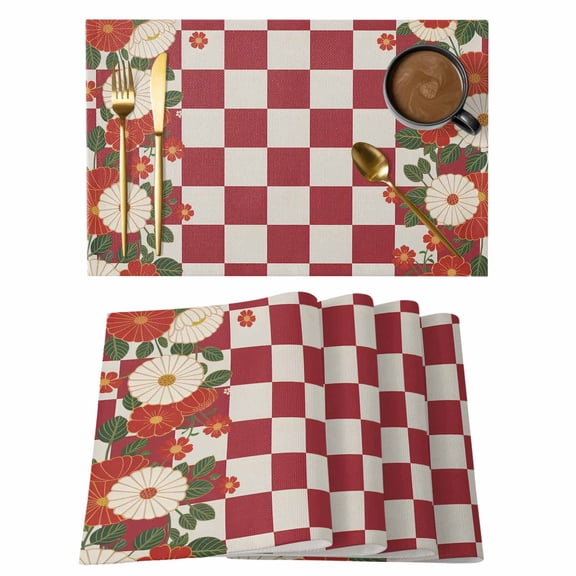 Japanese Style Flowers Placemats Set of 2, Harmony Red Buffalo Plaid Non-Slip Place Mats Washable Table Mats for Kitchen Dining Table Decorations Indoor/Outdoor