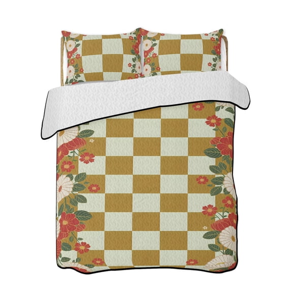 Japanese Style Flowers Quilts Bedding Set California King Harmony Yellow Buffalo Plaid Lightweight Quilted Bedspread 3 Piece Bed Quilt with 2 Pillow Shams All Season for Bedroom 96" x 106"