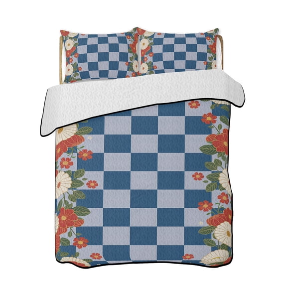 Japanese Style Flowers Quilts Bedding Set Twin Size Harmony Blue Check Buffalo Plaid Lightweight Quilted Bedspread 3 Piece Bed Quilt with 2 Pillow Shams All Season for Bedroom 68" x 86"