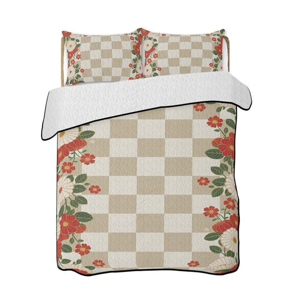 Japanese Style Flowers Quilts Bedding Set Twin Size Harmony Khaki Buffalo Plaid Lightweight Quilted Bedspread 3 Piece Bed Quilt with 2 Pillow Shams All Season for Bedroom 68" x 86"