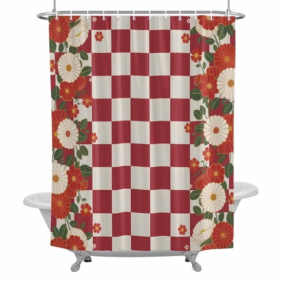 Japanese Style Flowers Shower Curtain for Bathroom, Harmony Red Buffalo Plaid Waterproof Cloth Fabric Bathroom Accessories Set with 12 Rust Proof Plastic Hooks, 36"x72"