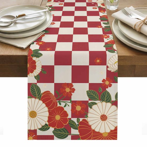 Japanese Style Flowers Table Runner, Harmony Red Buffalo Plaid Cotton Linen Table Cloth, Tablerunner for Kitchen Dining Party Wedding Home Decor 13x36 Inch