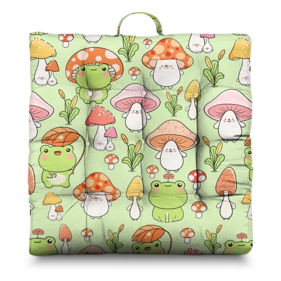 Japanese-Style Frog Print Zabuton Cushion - Oversized Floor Seating Pad with Plant & Nature Design, Resilient PP Cotton Filling