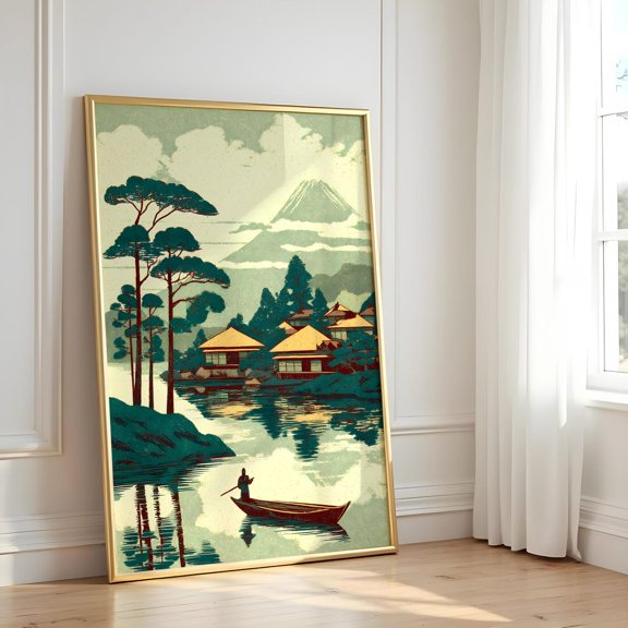 Japanese Style Green Nature Mountain River Zen Wall Decor Wall Art