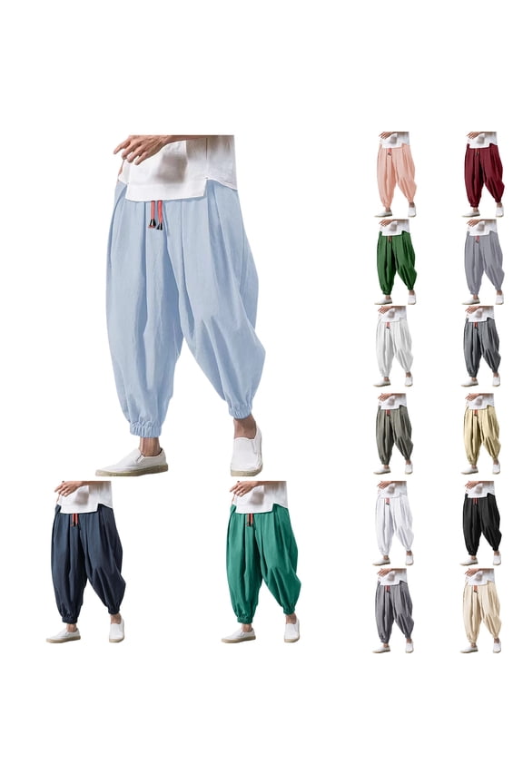 Japanese Style Harem Pants for Men Quick Drying Lightweight Ankle Pants Breathable Casual Solid Color Drawstring Relaxed Fit Mens Pants