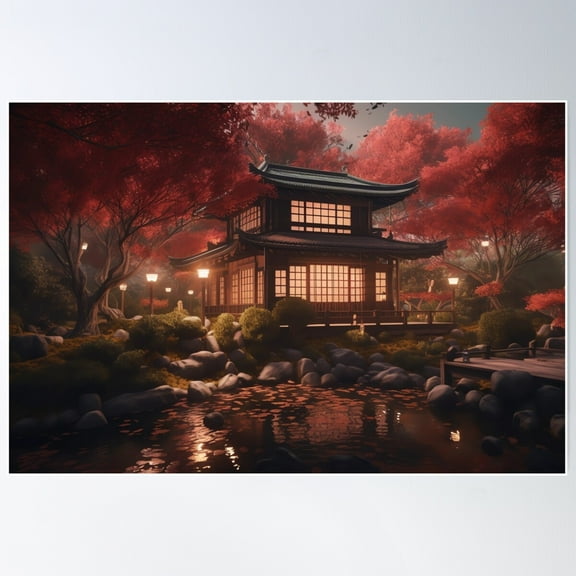 Japanese Style House Water Painting Poster Wall Art, Modern Wall Decor For Living Room Bedroom, 16x24 UNFRAMED