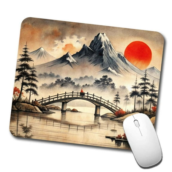 Japanese Style Ink Painting Bridge Over Water Landscape Mouse Pad Low Profile Gaming Mat