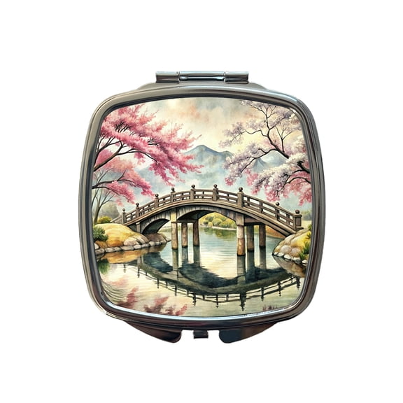 Japanese Style Ink Painting Sakura Trees Bridge Water Landscape Travel Makeup Handbag Purse Small Pocket Compact Mirror