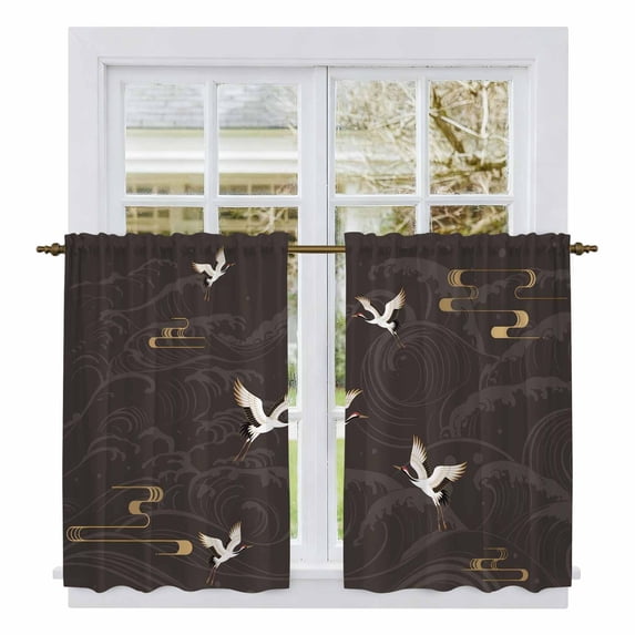 Japanese Style Kitchen Curtain for Berdoom Living Room Cafe 45 Inch Length, Vintage Cranes Ocean Wave Black Grey Tiers Curtains Light Filtering Drapes Rod Pocket Window Treatment 2 Panels 52"Wx45"L