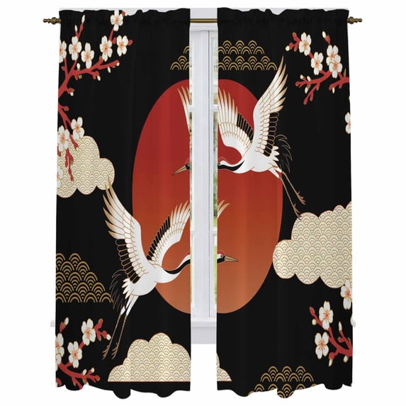 Japanese Style Kitchen Curtain for Berdoom Living Room Cafe 72 Inch Length, Modern Cranes Cherry Flower Wave Red Brown Tiers Curtains Light Filtering Drapes Window Treatment 2 Panels 52"Wx72"L