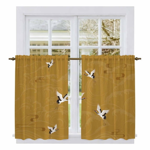 Japanese Style Kitchen Curtains 45 Inch Length, Vintage Cranes Ocean Wave Yellow Tiers Curtains for Bathroom Bedroom Cafe, Light Filtering Small Window Treatment Short Drapes 2 Panels 42"Wx45"L
