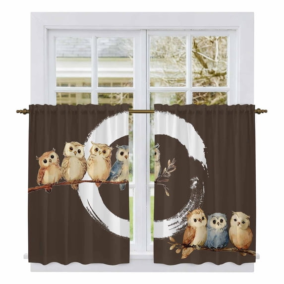 Japanese Style Kitchen Curtains 54 Inch Length, Dark Brown Rustic Owl Birds Tree Branches Tiers Curtains for Bathroom Bedroom Cafe, Light Filtering Small Window Treatment Drapes 2 Panels 42"Wx54"L