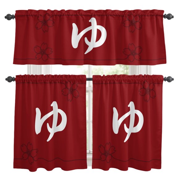 Japanese Style Kitchen Curtains Valance and Tier Set Cherry Blossoms Red Texture Harmony Simple Rod Pocket Short Curtains for Small Window 3 Pieces Set for Bedroom Bathroom Cafe (54" x 18"+27" x 24")