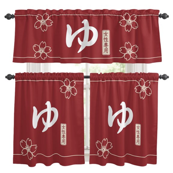 Japanese Style Kitchen Curtains Valance and Tier Set Harmony Cherry Blossoms Red Texture Simple Rod Pocket Short Curtains for Small Window 3 Pieces Set for Bedroom Bathroom Cafe (54" x 18"+27" x 24")