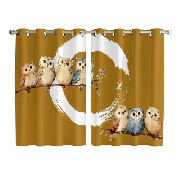 Japanese Style Kitchen Curtains Window Panels, Brown Country Vintage Owl Birds Branches Insulated Window Treatment Curtain, Grommet Curtains for Bedroom/Living Room/Bathroom, 2 Piece 52"Wx72"L
