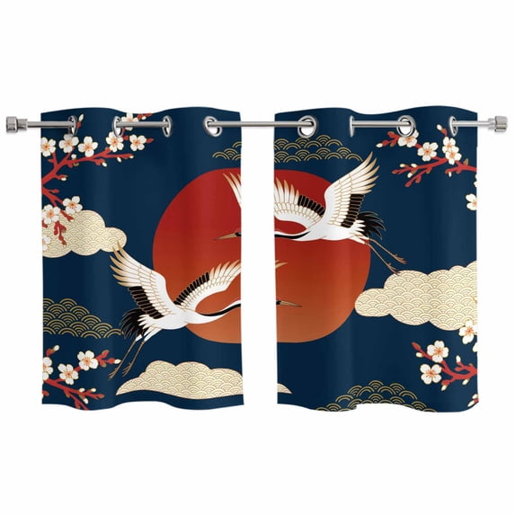 Japanese Style Kitchen Curtains Window Panels, Modern Cranes Cherry Flower Wave Navy Blue Insulated Window Treatment Curtain, Grommet Curtains for Bedroom/Living Room/Bathroom, 2 Piece 27.5"Wx39"L