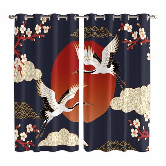 Japanese Style Kitchen Curtains Window Panels, Modern Cranes Cherry Flower Wave Red Blue Insulated Window Treatment Curtain, Grommet Curtains for Bedroom/Living Room/Bathroom, 2 Piece 42"Wx63"L