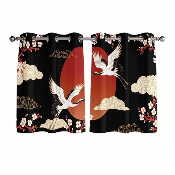 Japanese Style Kitchen Curtains Window Panels, Modern Cranes Cherry Flower Wave Red Brown Insulated Window Treatment Curtain, Grommet Curtains for Bedroom/Living Room/Bathroom, 2 Piece 52"Wx45"L