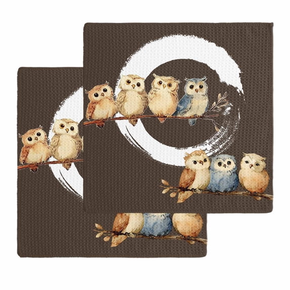 Japanese Style Kitchen Dish Towels for Drying Dishes Set of 2, Dark Brown Rustic Owl Birds Tree Branches Waffle Weave Microfiber Hand Tea Bathroom Towels Quick Dry & Absorbent Towel 12x12