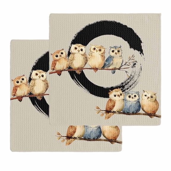 Japanese Style Kitchen Dish Towels for Drying Dishes Set of 2, Grey Farmhouse Owl Birds Branches Waffle Weave Microfiber Hand Tea Bathroom Towels Quick Dry & Absorbent Towel 12x12