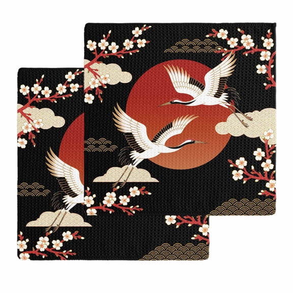 Japanese Style Kitchen Dish Towels for Drying Dishes Set of 2, Modern Cranes Cherry Flower Wave Red Brown Waffle Weave Microfiber Hand Tea Bathroom Towels Quick Dry & Absorbent Towel 12x12