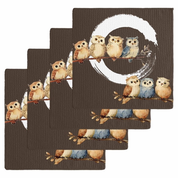 Japanese Style Kitchen Dish Towels for Drying Dishes Set of 4, Dark Brown Rustic Owl Birds Tree Branches Waffle Weave Microfiber Hand Tea Bathroom Towels Quick Dry & Absorbent Towel 12x12