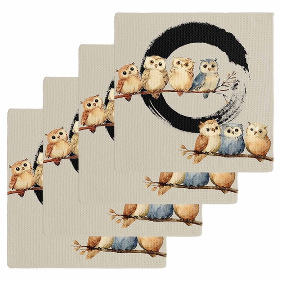 Japanese Style Kitchen Dish Towels for Drying Dishes Set of 4, Grey Farmhouse Owl Birds Branches Waffle Weave Microfiber Hand Tea Bathroom Towels Quick Dry & Absorbent Towel 12x12