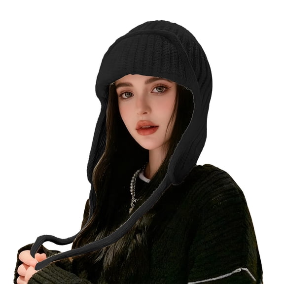 Japanese Style Knit Hat for Women, Solid Color Cable Knit Earmuff Beanie with Long Tie Strings, Warm Wool Winter Hat with Ear Flaps, Fashionable Slouchy Trapper Hat for Fall Winter Cold Weather