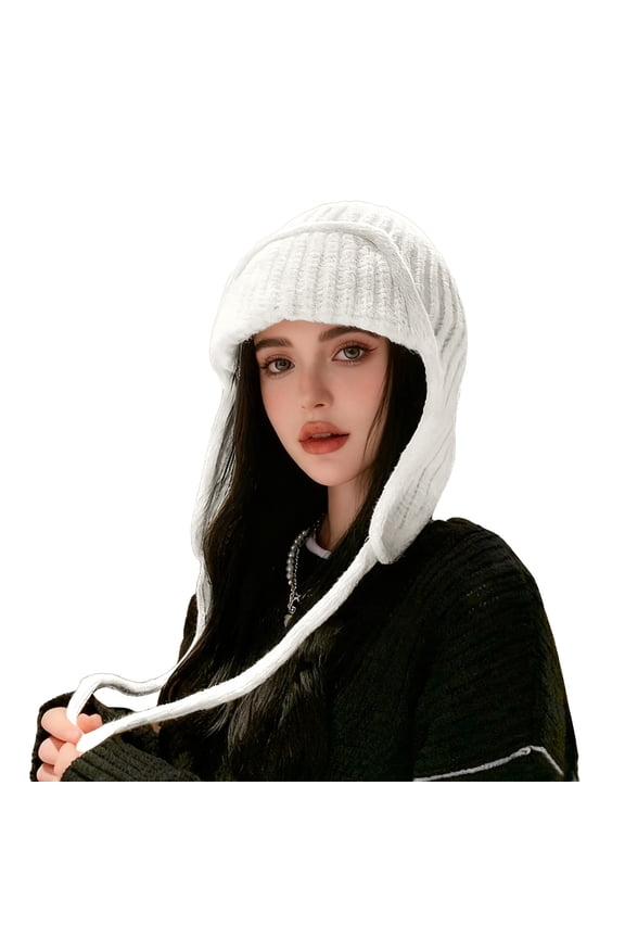 Japanese Style Knit Hat for Women, Solid Color Cable Knit Earmuff Beanie with Long Tie Strings, Warm Wool Winter Hat with Ear Flaps, Fashionable Slouchy Trapper Hat for Fall Winter Cold Weather